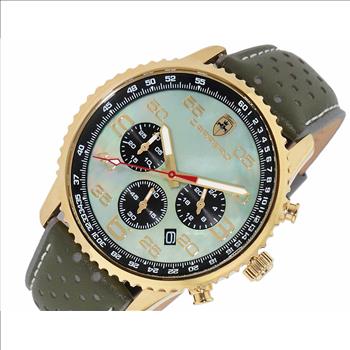 Lechateau Men's VR32 Chronograph Mov't, Mint Green MOP Dial, Olive Green Genuine Leather Band,  (MSRP: $2,148.00)