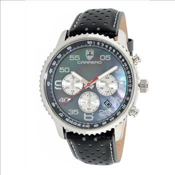 Lechateau Men's VR32 Movement Chronograph Mov't, Black MOP Dial, Black Genuine Leather Band, (MSRP: $2,148.00)