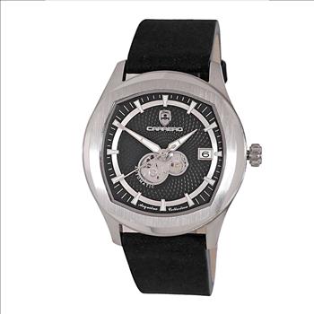 LECHATEAU, MEN'S WATCH, 24-JEWELS AUTOMATIC, WITH HEART BEAT BLACK DIAL, BLACK-SUED LEATHER BAND, (MSRP: $2,388.00)