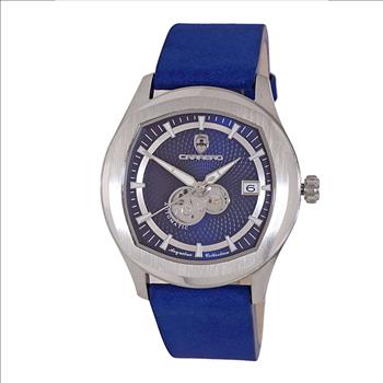 LECHATEAU, MEN'S WATCH, 24-JEWELS AUTOMATIC, WITH HEART BEAT BLUE DIAL, BLUE-SUED LEATHER BAND, (MSRP: $2,388.00)