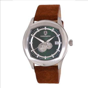 LECHATEAU, MEN'S WATCH, 24-JEWELS AUTOMATIC, WITH HEART BEAT GREEN DIAL, BROWN-SUED LEATHER BAND, (MSRP: $2,388.00)