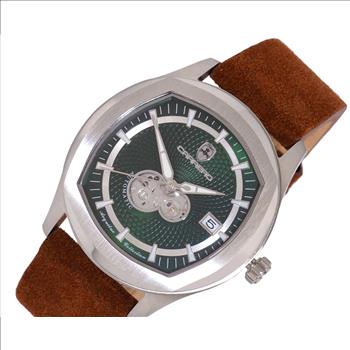 LECHATEAU, MEN'S WATCH, 24-JEWELS AUTOMATIC, WITH HEART BEAT GREEN DIAL, BROWN-SUED LEATHER BAND, (MSRP: $2,388.00)