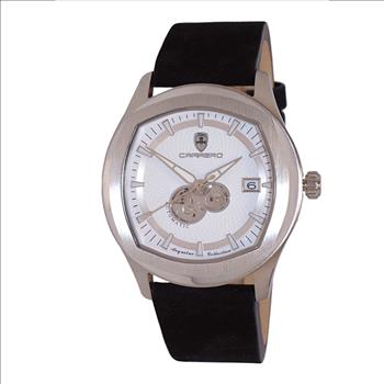 LECHATEAU, MEN'S WATCH, 24-JEWELS AUTOMATIC, WITH HEART BEAT WHITE DIAL, BLACK-SUED LEATHER BAND, (MSRP: $2,388.00)