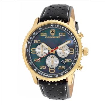 Lechateau- VR32 Movement Chronograph Mov't, Black MOP Dial, Genuine Leather Band, Gold tone, (MSRP: $2,148.00)