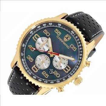Lechateau- VR32 Movement Chronograph Mov't, Black MOP Dial, Genuine Leather Band, Gold tone, (MSRP: $2,148.00)