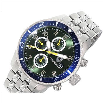 Lechateau Watches - Chronograph Epson VR33 Muscle Mov't, Stainless Steel Case and Band, Green Dial - Blue Bezel (MSRP:$1,475.00)
