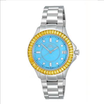 ONISS LADIES SWISS MOVEMEN, YELLOW AUSTRIAN CRYSTAL ACCENT, LIGHT BLUE MOP DIAL,  ON7324-10BU_YL - RETAIL AT (MSRP:  $550.00)