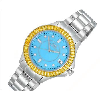 ONISS LADIES SWISS MOVEMEN, YELLOW AUSTRIAN CRYSTAL ACCENT, LIGHT BLUE MOP DIAL,  ON7324-10BU_YL - RETAIL AT (MSRP:  $550.00)