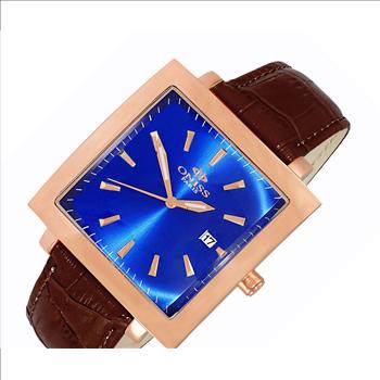 ONISS ROSE TONE, BLUE SUNRAY 3-HANDS DATE DIAL, CURVE CRYSTAL, GENUINE LEATHER BAND (MSRP: $275.00)