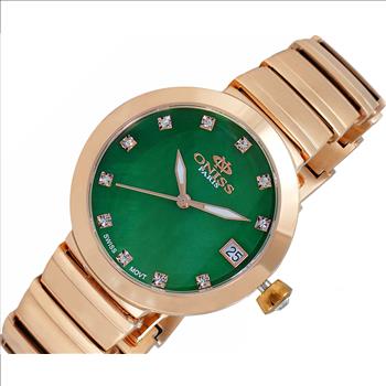 ONISS SWISS MOVEMENT, AUSTRIAN CRYSTAL ACCENT, GREEN  MOTHER OF PEARL DIAL, ON5559-30RGG- RETAIL AT (MSRP: $425.00)