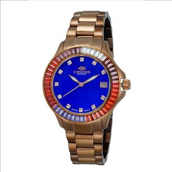 ONISS SWISS MOVEMENT, MULTI-COLOR AUSTRIAN CRYSTAL ACCENT, BLUE MOP DIAL,  ON7324-60BURG - RETAIL AT (MSRP:  $550.00)