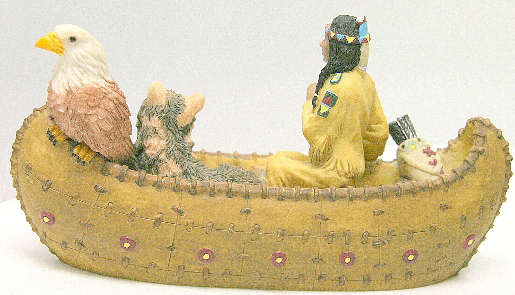 Figurine Hiawatha Indien Sur Canoë – Albâtre Et Châtaignier – 24 Cm – Neuf