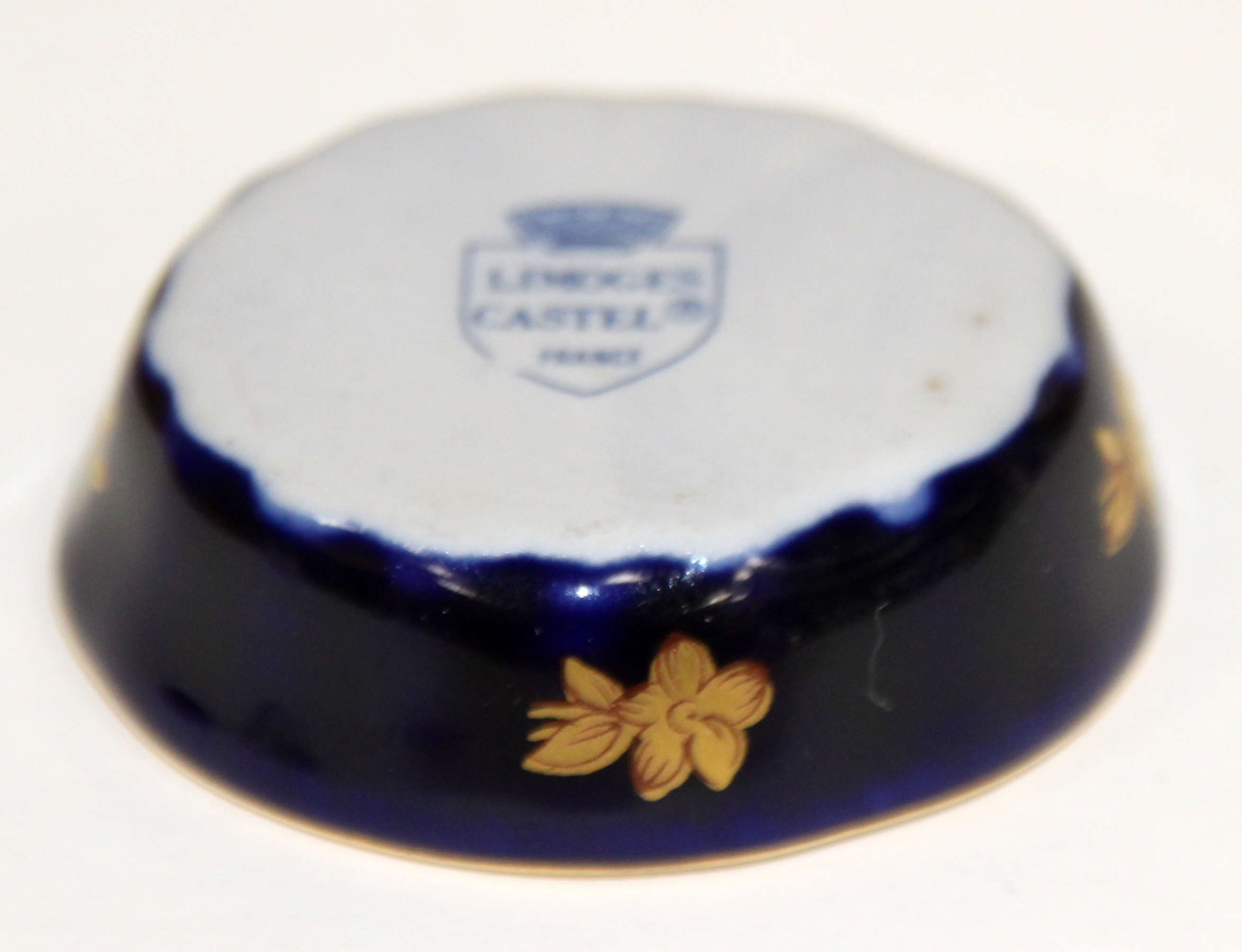 Limoges Castel France Oval Bowl 22k Gold On Cobalt Blue Black 3” French
