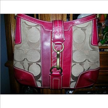 COACH Signature Shoulder Bag With Red Leather Accents