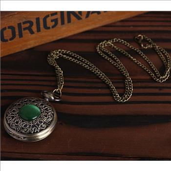 New Emerald Stone Quartz Pocket Watch