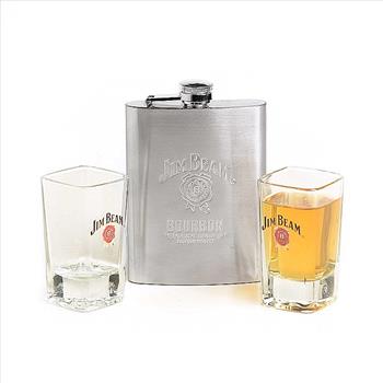 New Luminarc Jim Beam 3 Piece Hip Flask Set