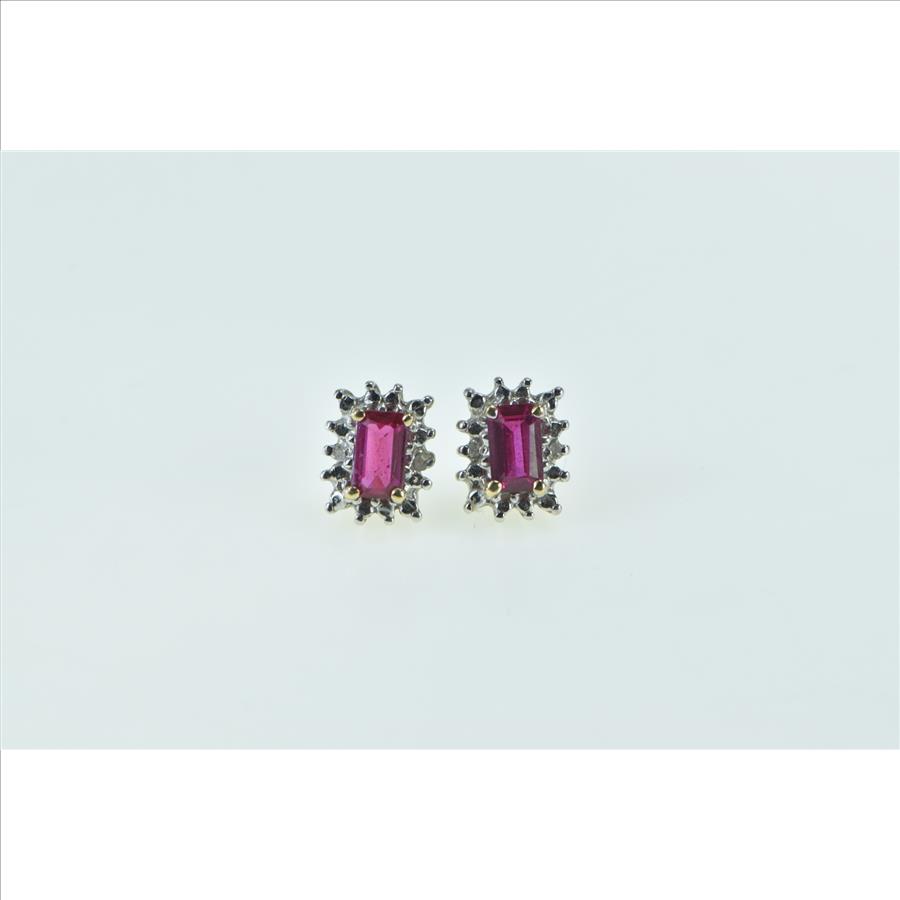 10K Emerald Cut Syn. Ruby Diamond Vintage Stud Yellow Gold Earrings