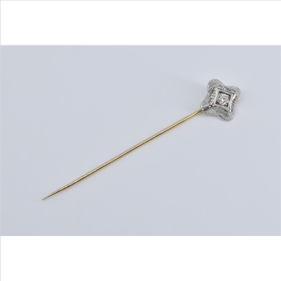 14K 0.37 Ctw Diamond Art Deco Filigree Ornate Yellow Gold Stick Pin