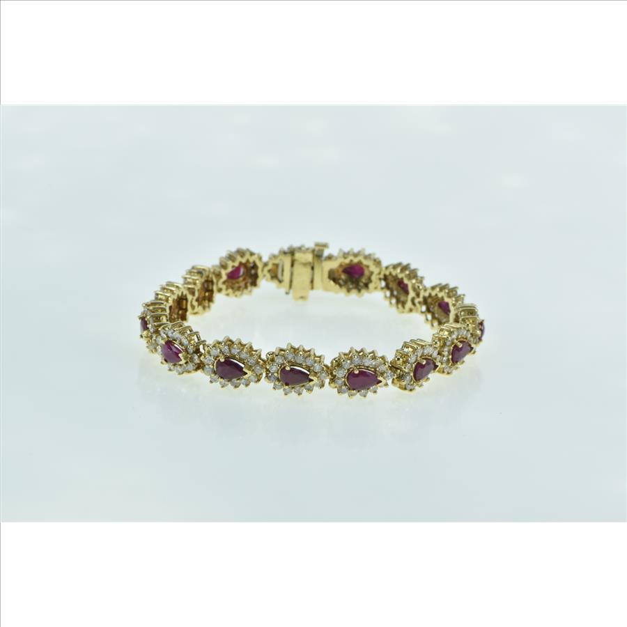 14K 9.90 Ctw Pear Ruby Diamond Halo Tennis Yellow Gold Bracelet 7"