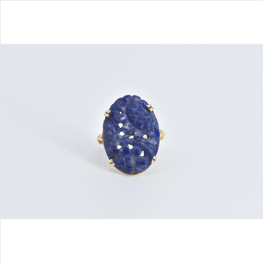 14K Carved Lapis Lazuli Floral Motif Ornate Oval Yellow Gold Ring, Size 7
