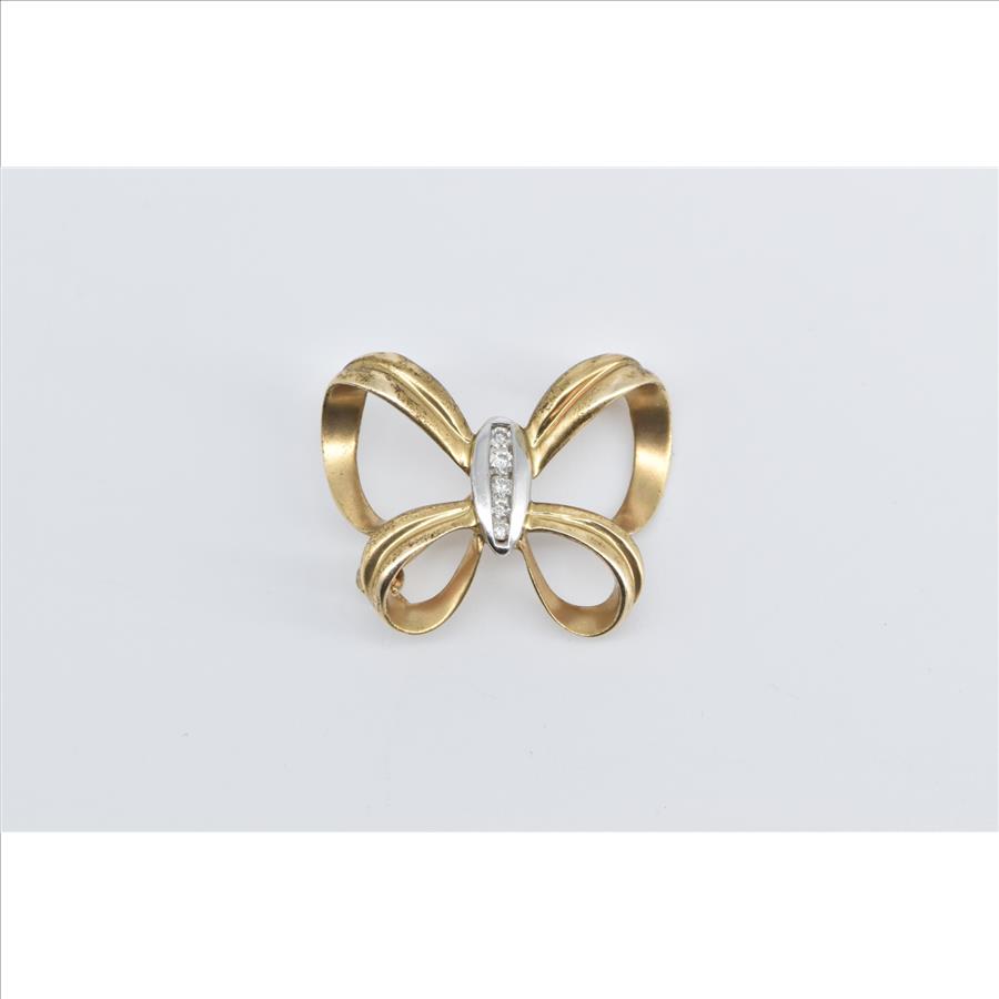 14K Diamond Inset Vintage Bow Ribbon Yellow Gold Pendant/Pin