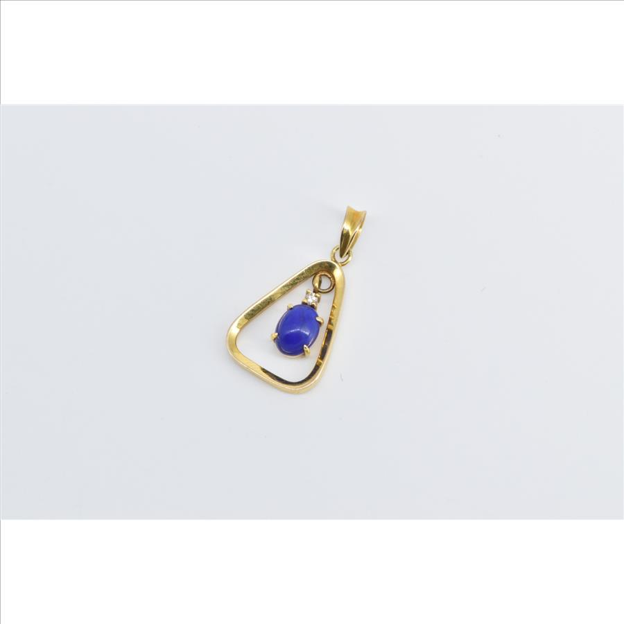 14K Oval Lapis Lazuli Cabochon Triangle Dangle Yellow Gold Pendant