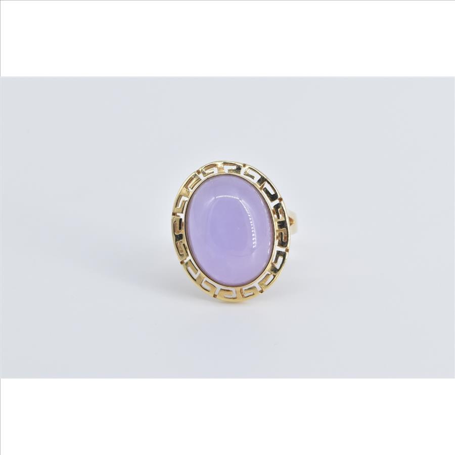 14K Oval Lilac Jadeite Greek Wave Design Cocktail Yellow Gold Ring, Size 6