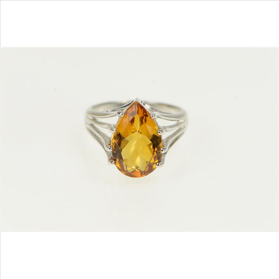 14K Pear Cut Citrine Solitaire Vintage Cocktail White Gold Ring, Size 7