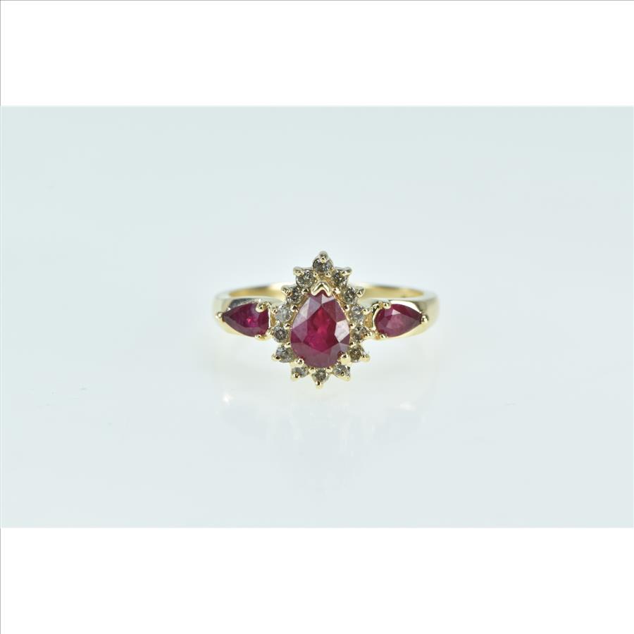 14K Pear Ruby Diamond Halo Engagement Yellow Gold Ring, Size 7