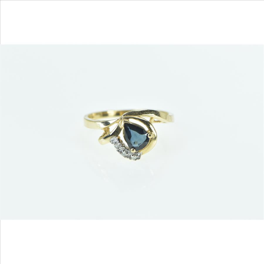 14K Pear Sapphire Diamond Vintage Curvy Fashion Yellow Gold Ring, Size 7