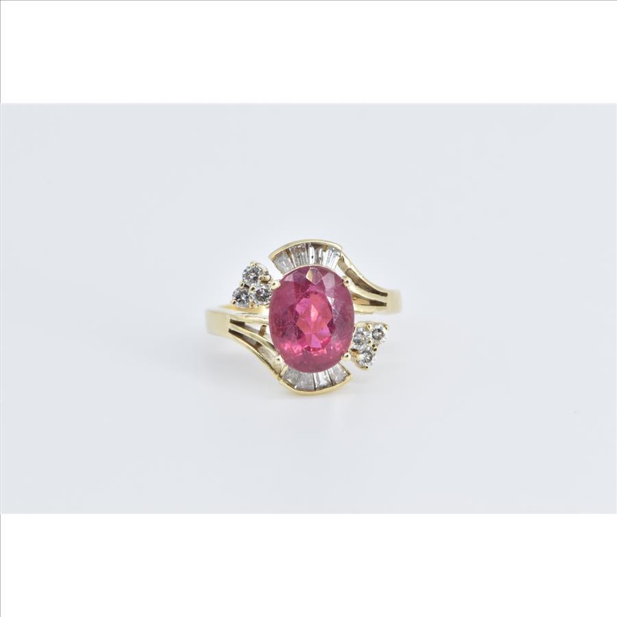 14K Pink Tourmaline Baguette Diamond Statement Yellow Gold Ring, Size 7.75