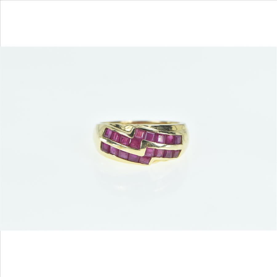 14K Princess Cut Ruby Zig Zag Statement Band Yellow Gold Ring, Size 7
