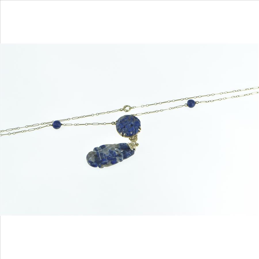 14K Retro Ornate Carved Lapis Lazuli Floral Drop Yellow Gold Necklace 16"