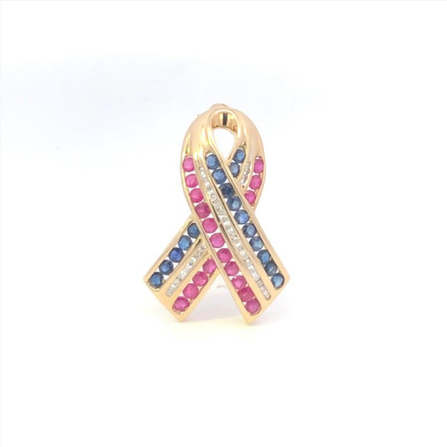 14K Ruby Sapphire Diamond Remembrance Ribbon Yellow Gold Pin/Brooch