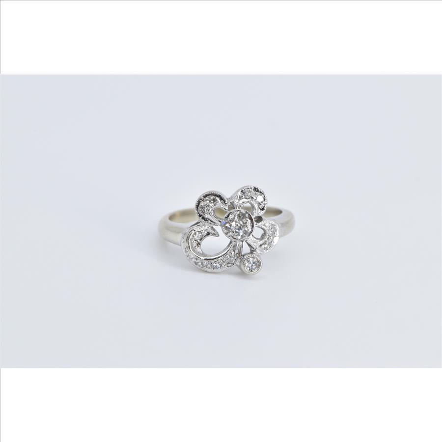 14K Vintage Diamond Bow Ribbon Flower White Gold Ring, Size 4.75