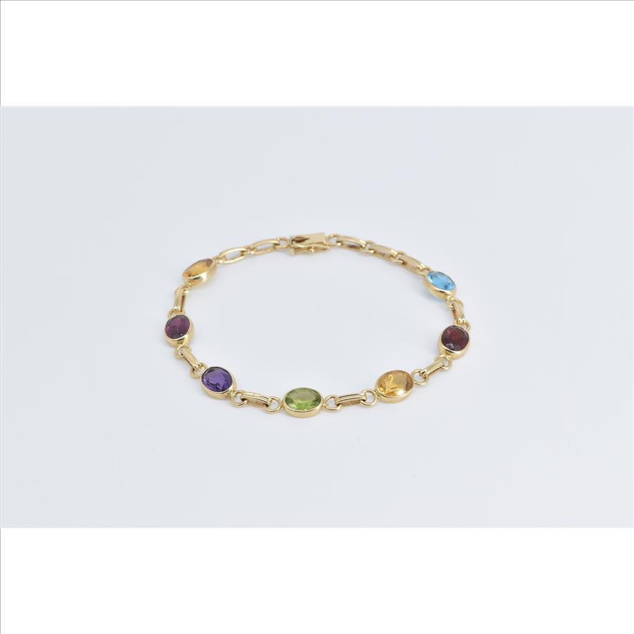14K Vintage Oval Multi Stone Rainbow Chain Link Yellow Gold Bracelet 7 ...