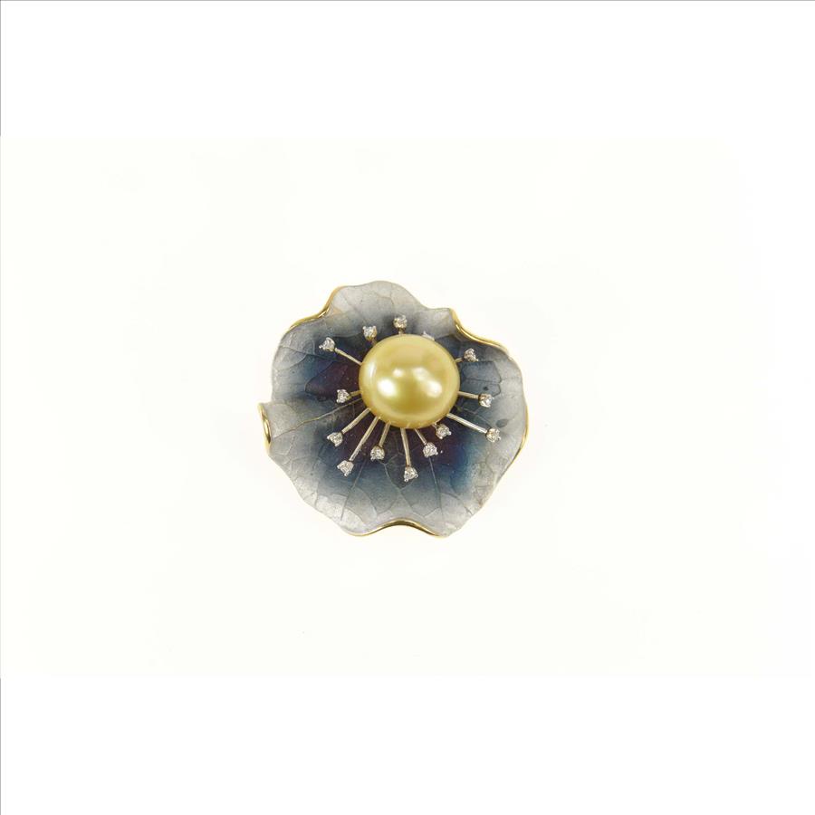 18K Designer Pearl Diamond Lily Pad Leaf Flower Yellow Gold Pendant/Pin