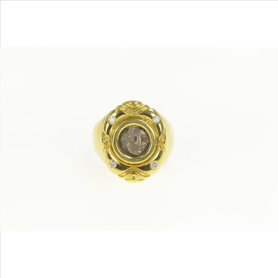 18K Ornate Diamond Ancient Greek Coin Statement Yellow Gold Ring, Size 7