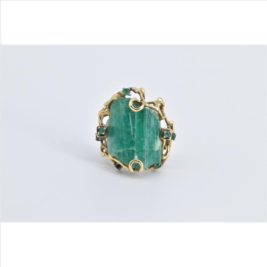 18K Raw Natural Emerald Vintage Tree Cocktail Yellow Gold Ring, Size 6.5
