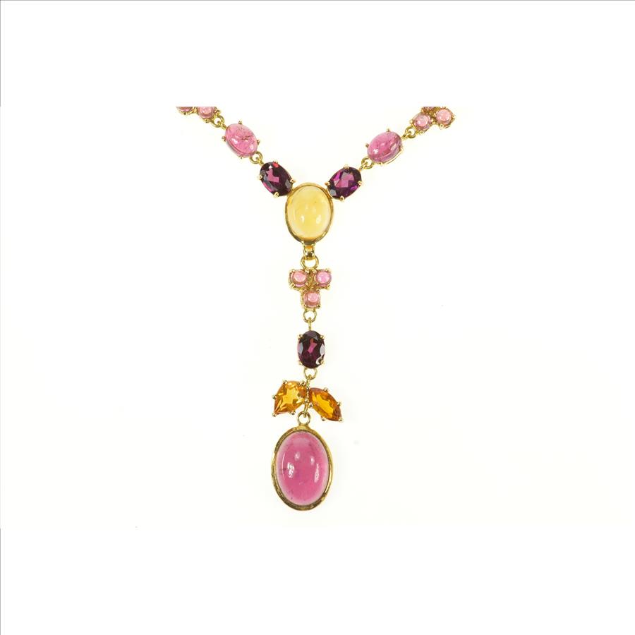 18K Tourmaline Citrine Floral Drop Statement Yellow Gold Necklace 17"