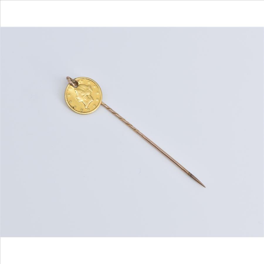 9K 1849 Type One $1 One Dollar Gold Coin Yellow Gold Stick Pin