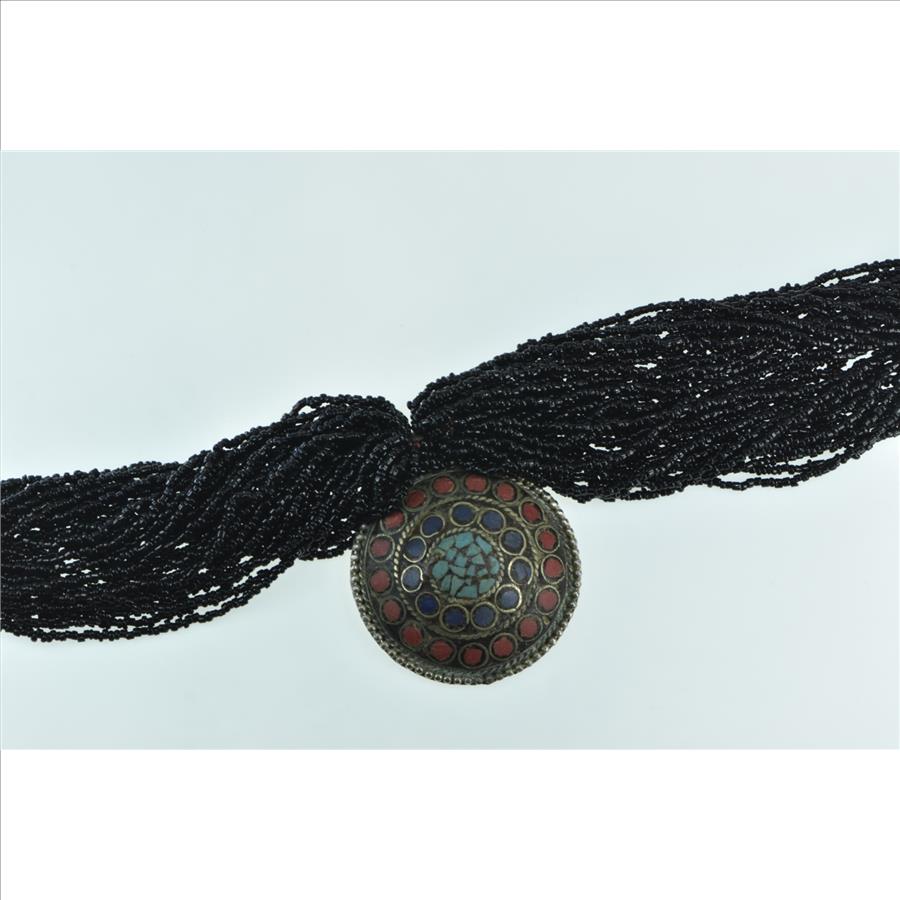 Basemetal Tibetan Layered Beaded Inlay Medallion Necklace 15.5"