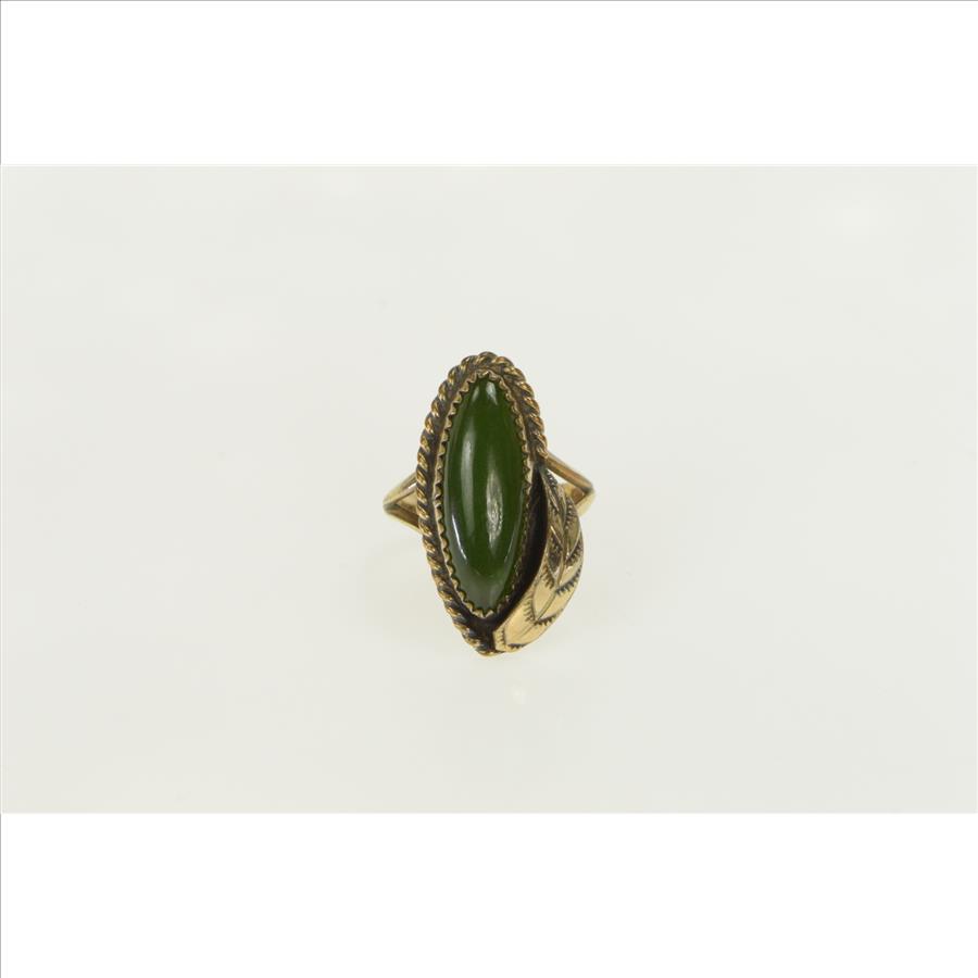 Gold Filled Nephrite Southwestern Feather Leaf Vintage Ring, Size 6.75