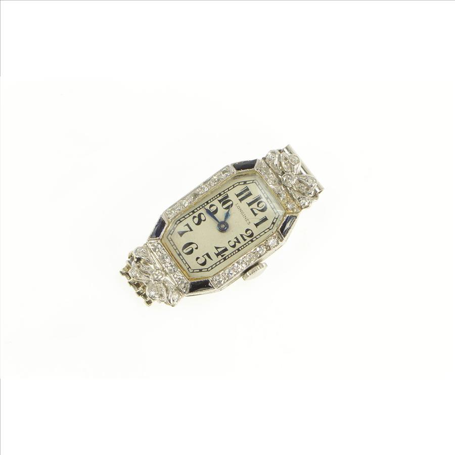 Platinum Longines Art Deco Diamond Sapphire Bow Watch