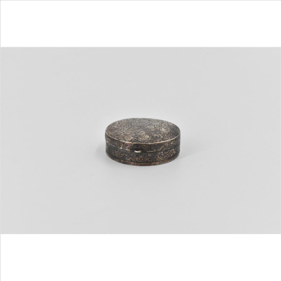 Sterling Silver Austrian Scroll Engraved Antique Round Pill Box