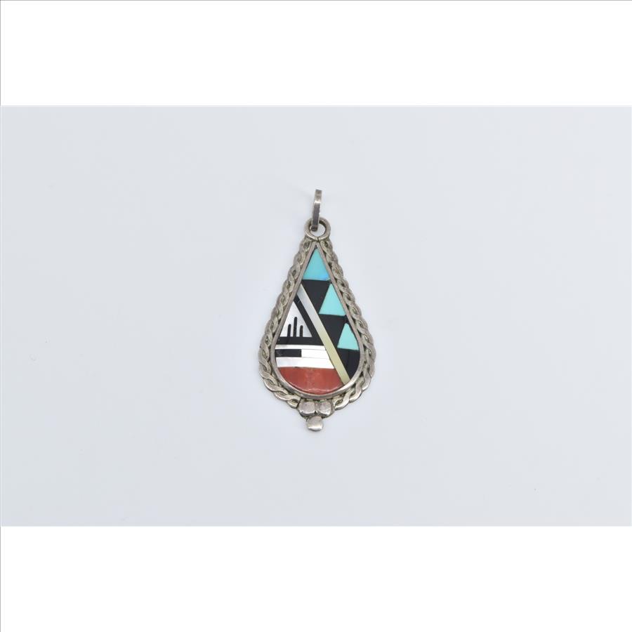 Sterling Silver Southwestern Boone Inlay Onyx Mother of Pearl Pendant