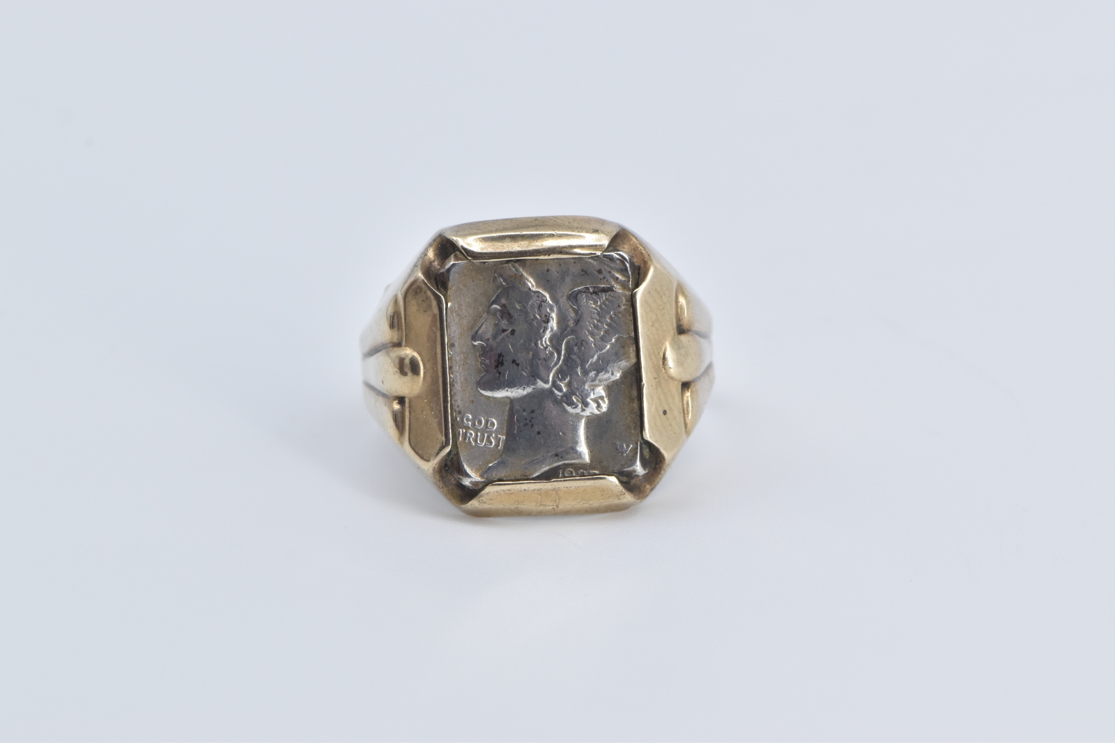10K 0.900 Silver Mercury Dime Vintage Statement Yellow Gold Ring, Size 9.5