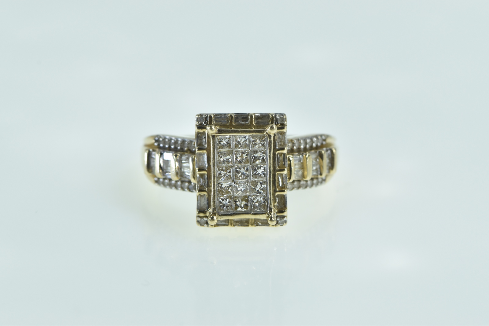 10K 1.00 Ctw Invis. Princess Squared Cluster Yellow Gold Ring, Size 8