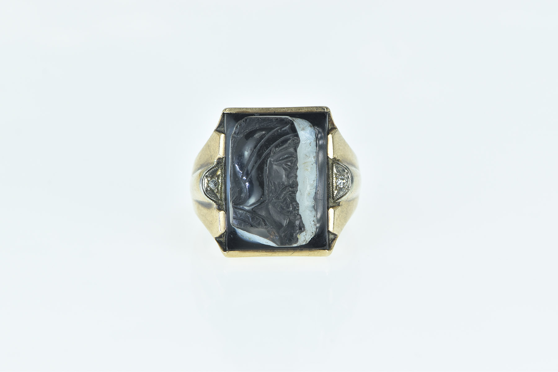 10K 1940's Black Onyx Two Face Cameo Diamond Yellow Gold Ring, Size 11.25