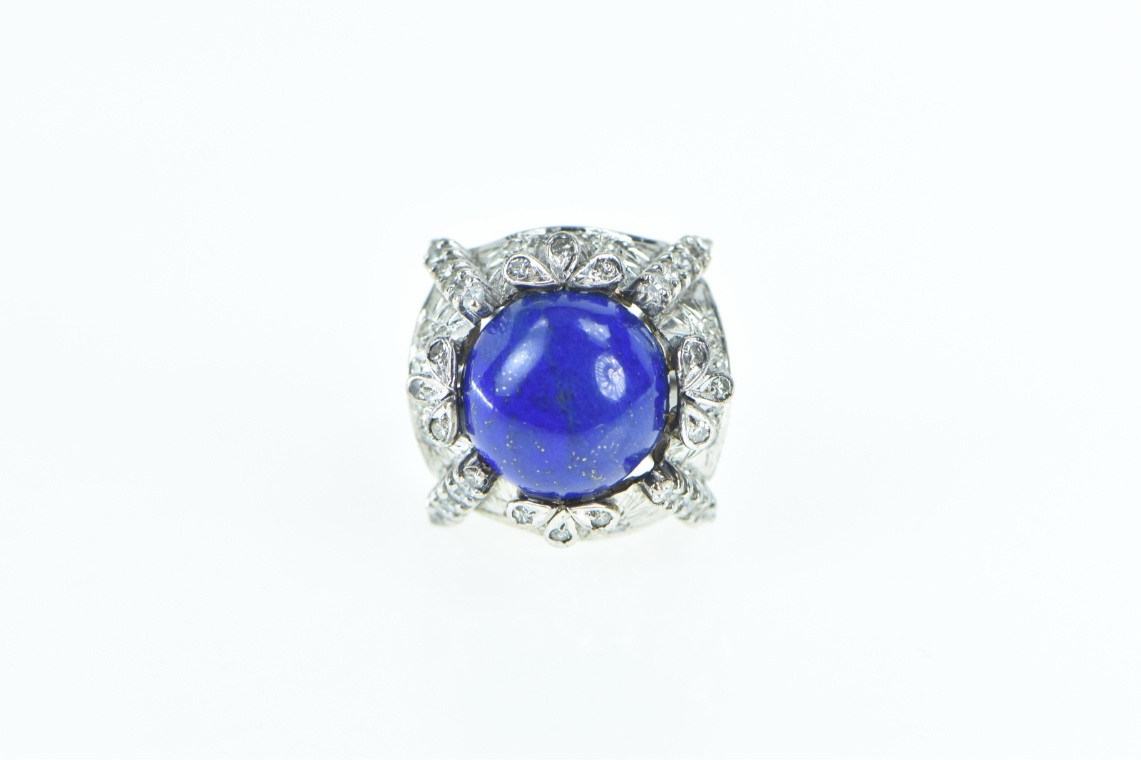 10K 1940's Lapis Lazuli Diamond Cocktail White Gold Ring, Size 5.75